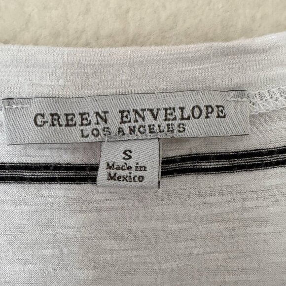 Green Envelope Shirt Womens Small White Striped Puff Ruched Sleeve V Neck - Picture 4 of 6